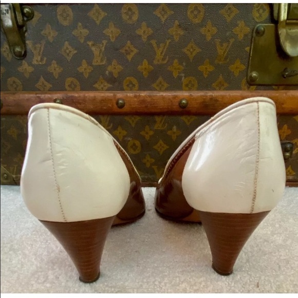 RARE VINTAGE 70s GUCCI ITALY GG LOGO PUMPS HEELS BROWN WHITE LEATHER OPEN TOE 37 - Picture 7 of 11